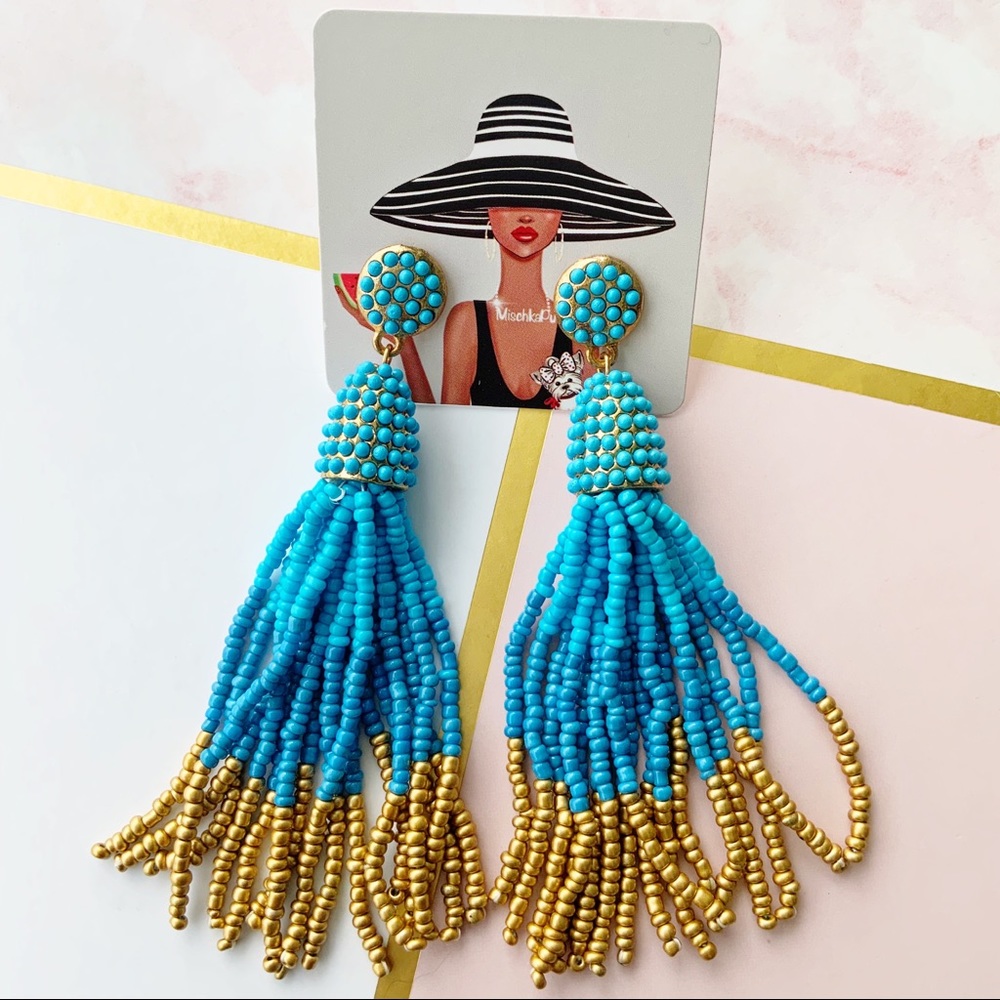 Ombre Blue/Gold Beaded Tassel Drop Earrings (A8)